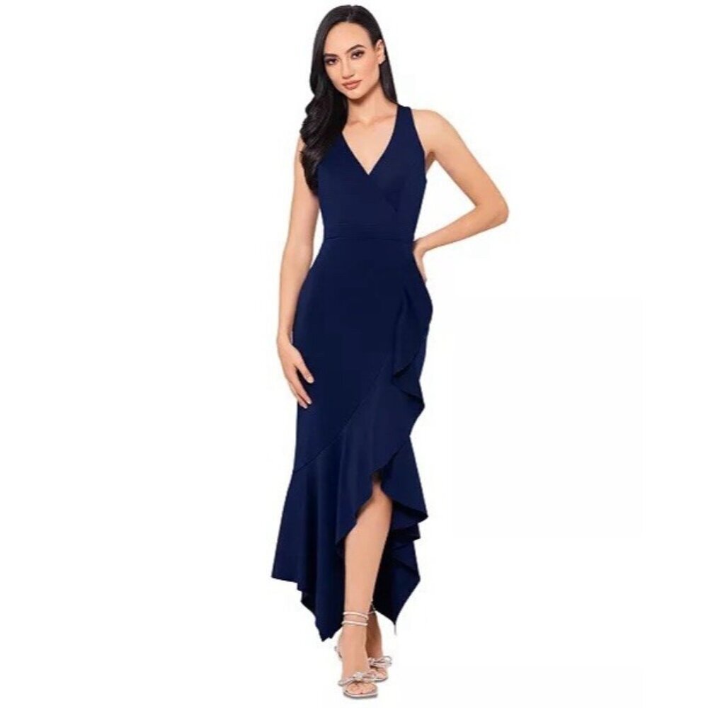 Xscape Women's Size 14 Black V-Neck Sleeveless Ruffle High-Low Dress Gown Formal